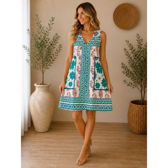 Pink Owl Dresses & Skirts - Pink Owl Sleeveless Mixed Print Shift Dress Teal Floral Paisley ID16408GUL